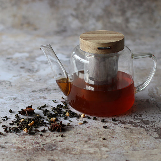 Hesther glazen theepot met houten deksel