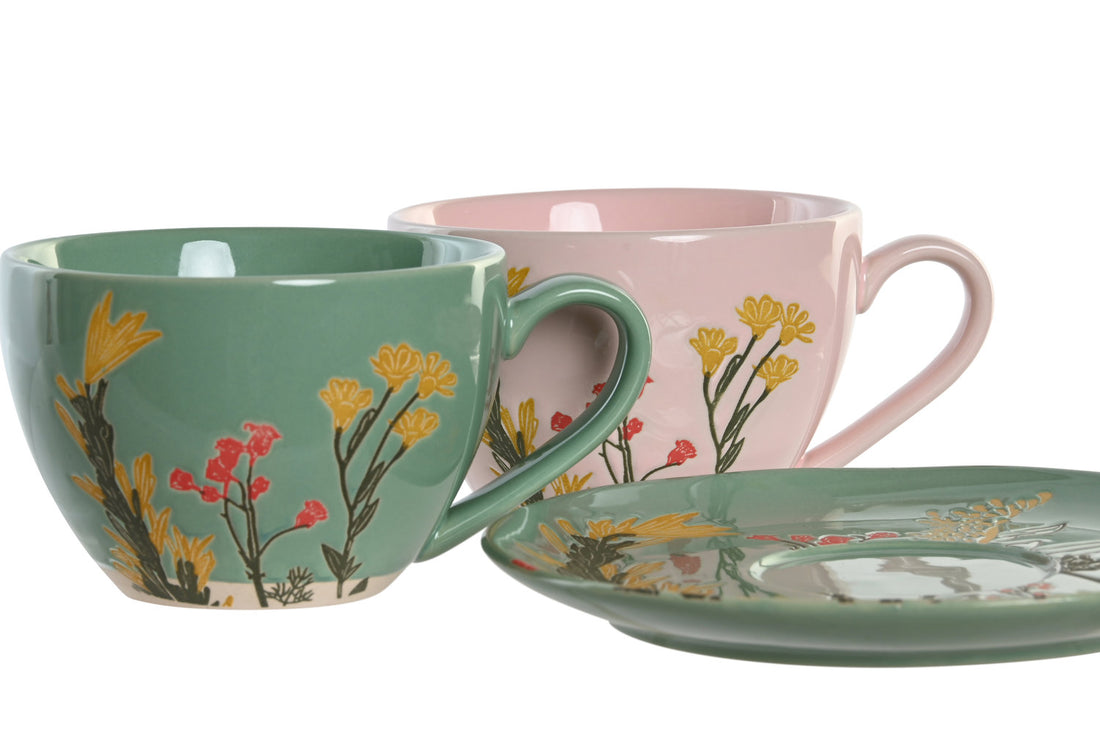 Theekop Yasmien roze en groen met bloemen